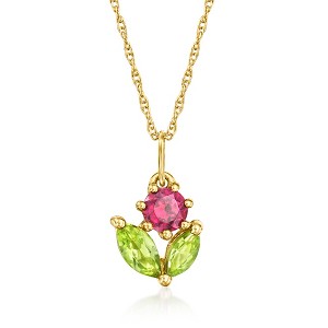 Pure Collection by Ross-Simons 0.20 Carat Rhodolite Garnet and .30 ct. t.w. Peridot Flower Pendant Necklace in 14kt Yellow Gold - 1 of 4