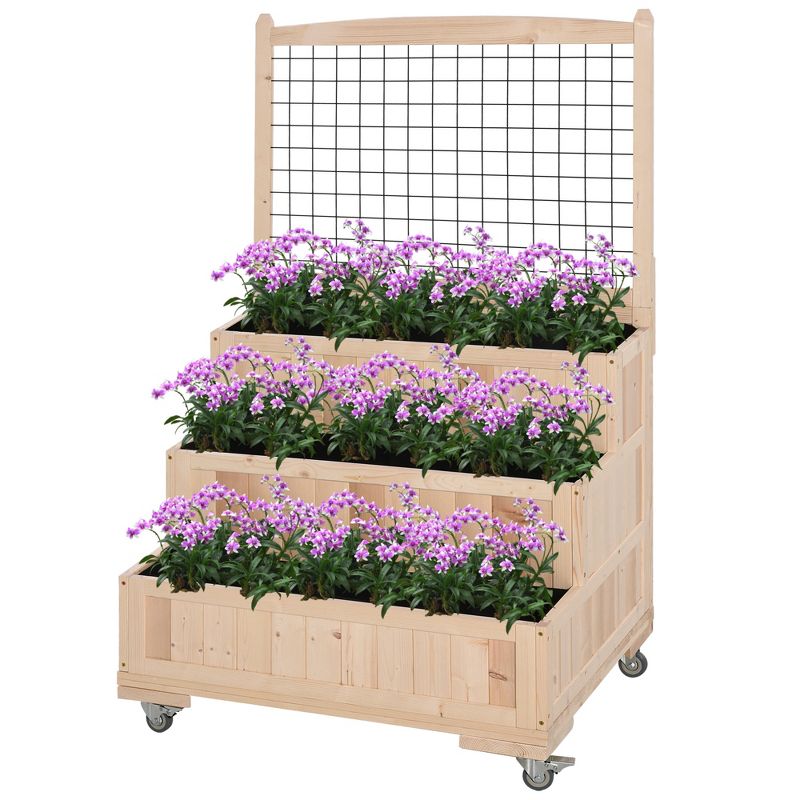 Outsunny 3-Tiers Raised Garden Bed with Wheels, Trellis, Back Storage Area, Easy Movable Wooden Planter Boxes for Flowers, Vegetables, Herbs, Natural, 4 of 10