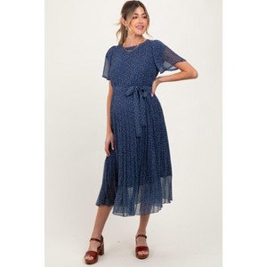 Pinkblush Navy Leaf Print Pleated Maternity Midi Dress - 1 of 4