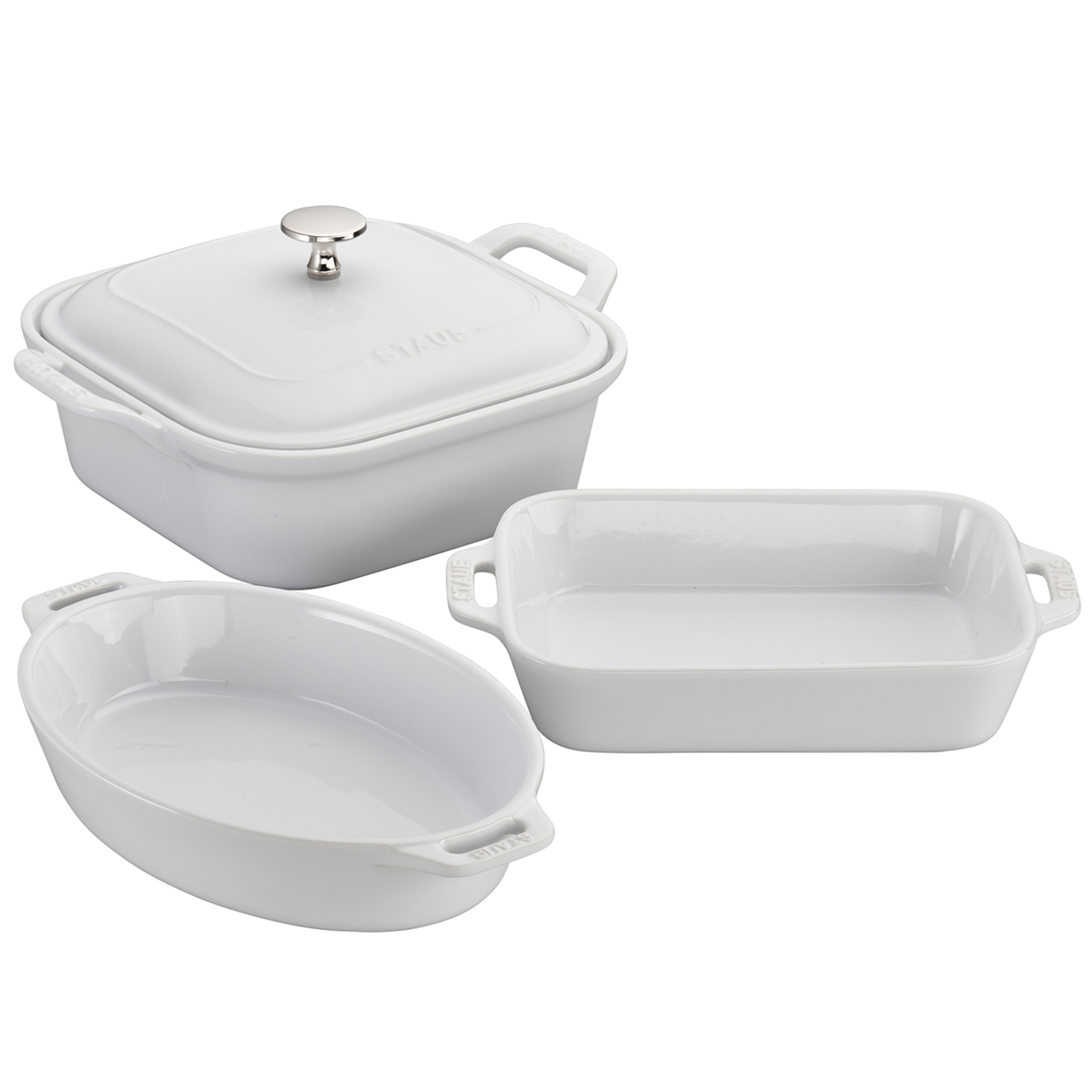 Staub Ceramic 4-pc Baking Pans Set, Casserole Dish with Lid, Brownie Pan, White