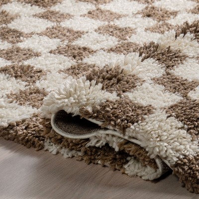 Beige and Brown Checkered Shag Synthetic Area Rug 2' x 3'