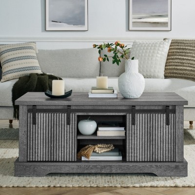 KIGFTSOD Coffee Table with Storage and Sliding Wood Door, Farmhouse Industrial Cocktail Table with Adjustable Shelves for Living Room