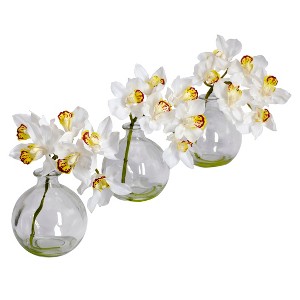 Nearly Natural Cymbidium with Vase Silk Flower Arrangement (Set of 3) - 1 of 4