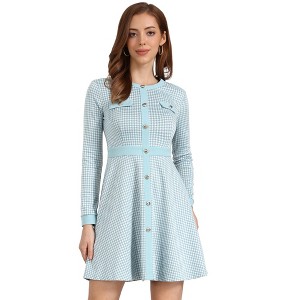 INSPIRE CHIC Women's Houndstooth Plaid Contrast Color Crew Neck Button Front Elegant A-Line Dress - 1 of 4