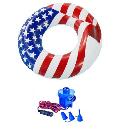 Swimline 36" American Flag Swimming Pool Tube Float + 12-Volt Electric Air Pump