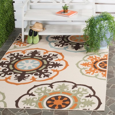 Cream and Terracotta Floral Synthetic Indoor/Outdoor Area Rug