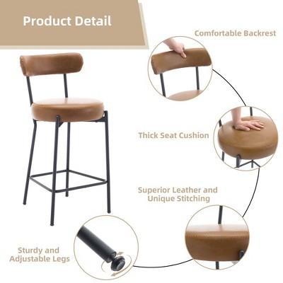 Counter Stools Set of 2, Leather Bar Stools with Back, Pedals, Metal Legs, Upholstered Counter Height Bar Chairs