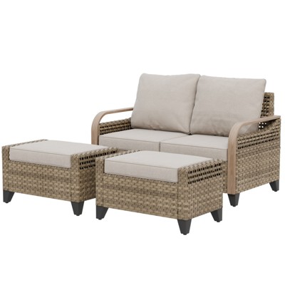 Outdoor Rattan Furniture Set Patio Seating Set Patio Loveseat with Ottoman