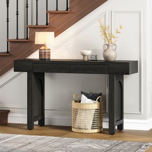 Wooden Narrow Entryway Console Table,Console Table With Storage Drawers And Wood Tabletop,Rattan Accent Living Room Console Table-Cuddlewood - 1 of 4