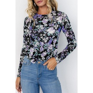 Green Floral Print Mesh Fitted Long Sleeve Top - 1 of 1