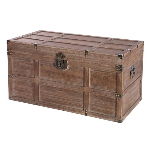 Brown Large Wooden Lockable Trunk Farmhouse Style Rustic Design Lined  Storage Chest with Rope Handles