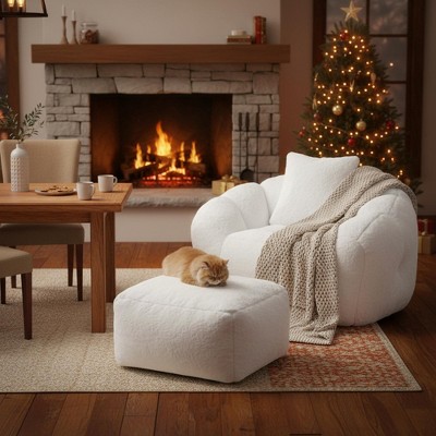 Homy Casa Faux Fur Bean Bag Acent Chair with Ottoman and Pillow, White