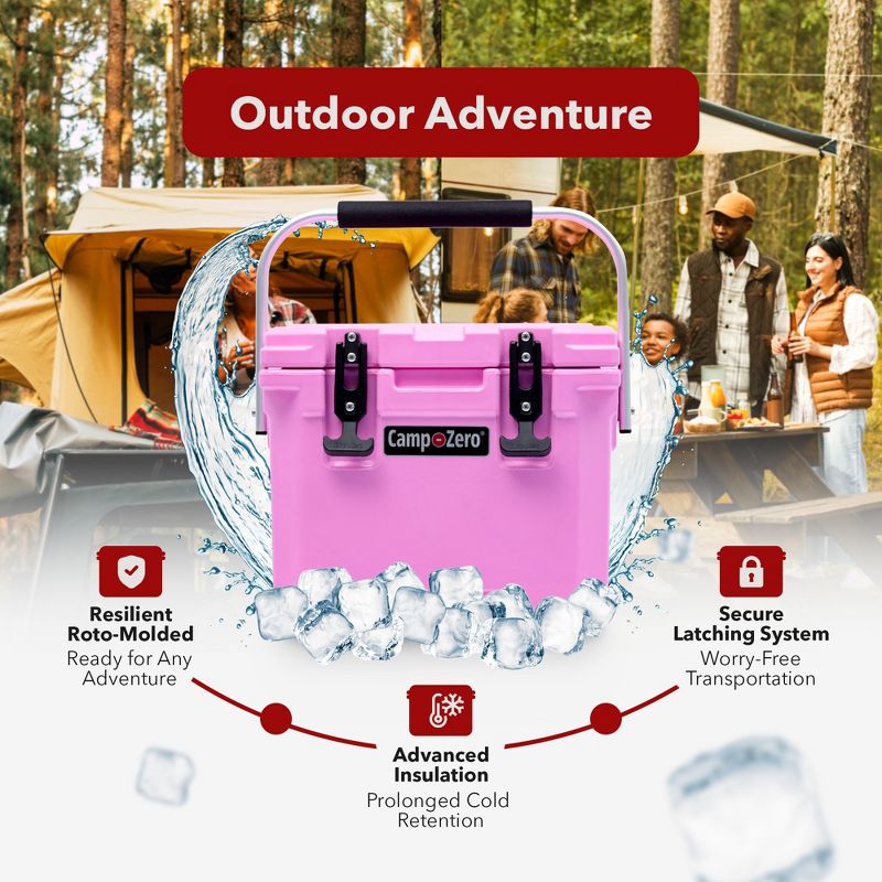 CAMP-ZERO 10 Liter 10.6 Quart Lidded Cooler with 2 Molded In Cup Holders, Folding Aluminum Handle Grip, and Locking System, Pink, 3 of 8