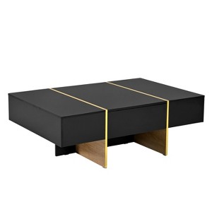Lirago 47" Rectangular Coffee Table Modern Black High Gloss with 2 Drawers Golden Wood Legs Multi Storage for Living Room Office - 1 of 4
