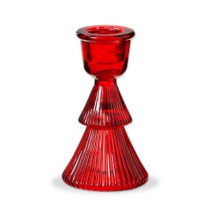 tag Red Glass Ribbed Taper Candle Holder - Christmas Decor, 2.5" x 2.5" x 4" - Perfect for Taper Candles - 1 of 2