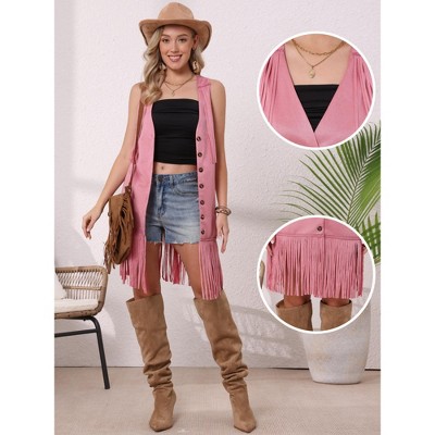 INSPIRE CHIC Women's Fringe Faux Suede Sleeveless Cowgirl V Neck Button Down Western Long Jacket X-Large Pink — фото 2