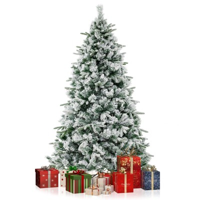 Tangkula 6/7 FT Pre-lit Artificial Christmas Tree Snow-flocked Xmas Tree with 250/300 Warm White LED Lights 752/1096 Mixed Branch Tips