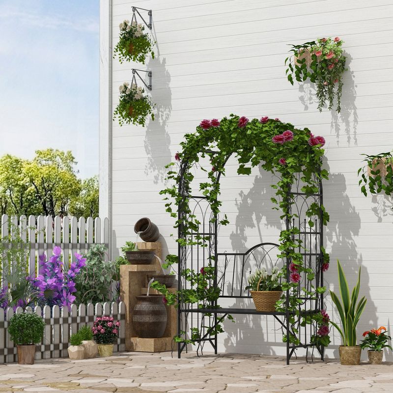 Outsunny Metal Trellis Arbor Arch for Climbing Plants with Garden Bench, Grow Grapes & Vines, Interlacing Decorative Seating, Black, 2 of 8