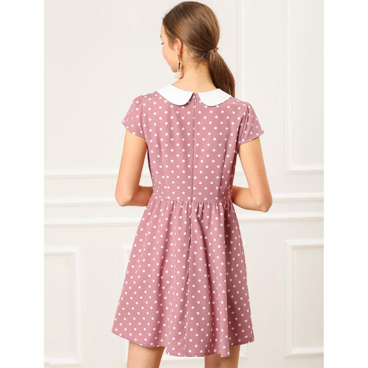 Женские платья INSPIRE CHIC Women's Peter Pan Collar Short Sleeves Contrast A-Line Polka Dots Dress Pink Medium — фото 5