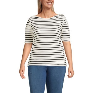 Lands' End Women's Supima Cotton Elbow Sleeve Boatneck Button Shoulder Tee - 1 of 4