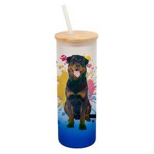100 North 25 Ounce Frosted Glass Gradient Travel Tumbler With Straw & Wooden Lid, Rottweiler Dog Paint Splatter Navy Blue - 1 of 4