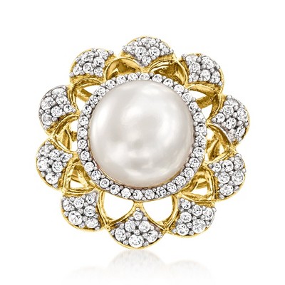 Ross-Simons 12-12.5mm Cultured Pearl and 1.60 ct. t.w. White Topaz Ring in 18kt Gold Over Sterling