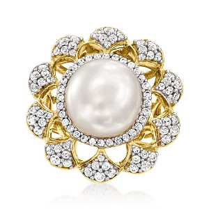 Ross-Simons 12-12.5mm Cultured Pearl and 1.60 ct. t.w. White Topaz Ring in 18kt Gold Over Sterling Size 7 - 1 of 4