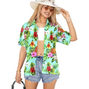 LA LEELA Hawaiian Shirts Womens Short Sleeve Top Tropical Vacation Button Up Summer Beach Party Shirt Coverup for Women - 1 of 4