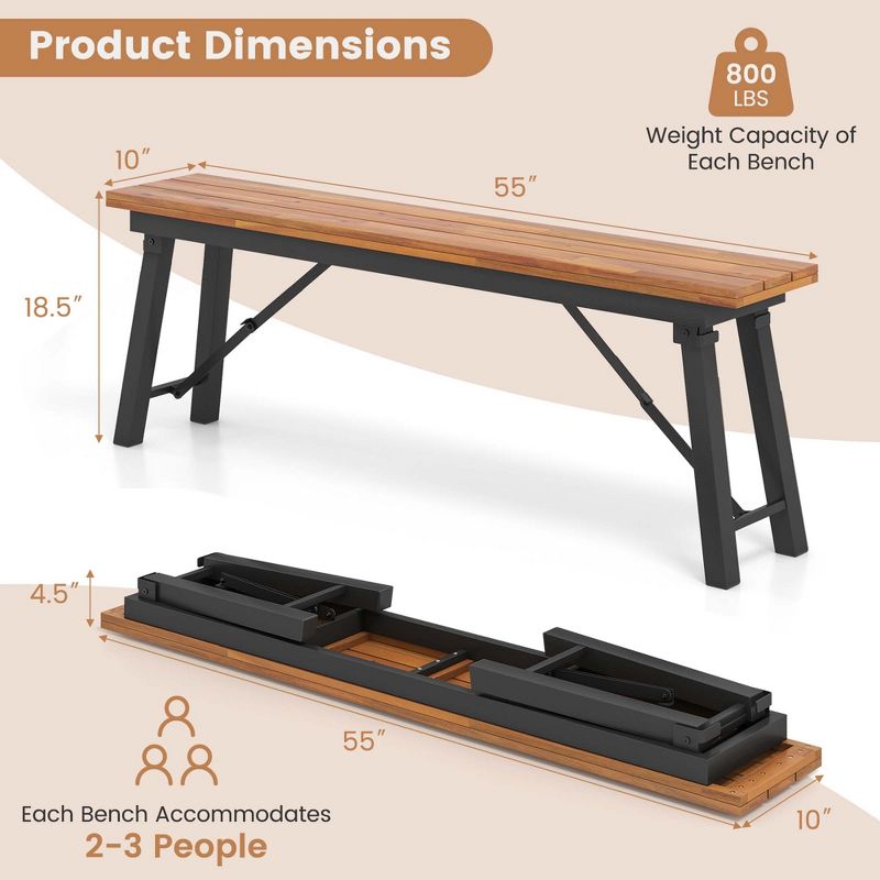 Costway Folding Picnic Table & Bench Set Dining Table with Metal Frame for 4 or 6 Persons, 5 of 11