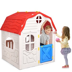 Costway Kids Cottage Playhouse Foldable Plastic Play House Indoor Outdoor Toy Portable - 1 of 4