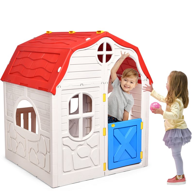 Costway Kids Cottage Playhouse Foldable Plastic Play House Indoor Outdoor Toy Portable, 1 of 11