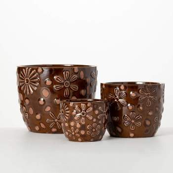 Sullivans 9", 7" & 5" Floral Embossed Brown Planters Set of 3, Clay