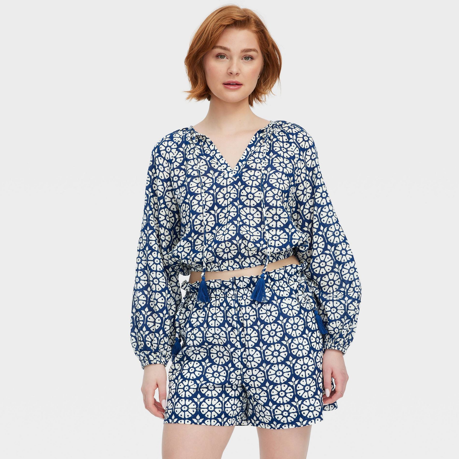 Women's Daisy Floral Long Sleeve Tie-Neck Boho Top Navy Blue - Roller Rabbit x Target