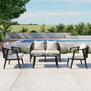 Outdoor Patio Set with Cushions and Iron Frame, Weather-Resistant Beige Seating with Coffee Table for Garden or Balcony-3irtyhousy - 1 of 4
