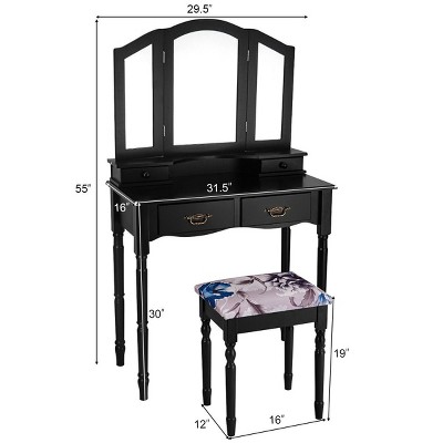 Black MDF Vanity Makeup Table with Tri-Folding Mirror and Bench