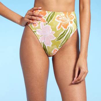 Women's Ribbed High Waist High Leg Medium Coverage Bikini Bottom - Shade & Shore™ Lime Green Floral Print