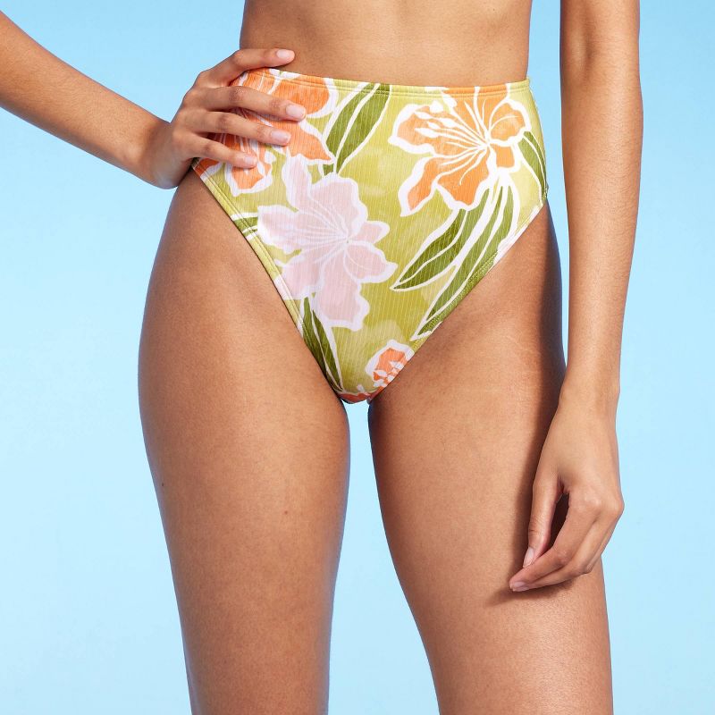 Women's Ribbed High Waist High Leg Medium Coverage Bikini Bottom - Shade & Shore™ Lime Green Floral Print, 1 of 7