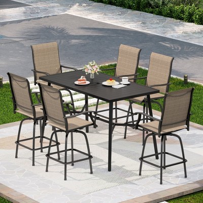 Captiva Designs 7pc Slatted Top Rectangle Metal Bar Table with X-Shaped Cross Bracket & Sling Swivel Bar Stools