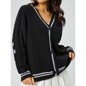 Autumn Winter Women's Loose Casual Embroidered Knit Cardigan Sweater Black XL - 1 of 4