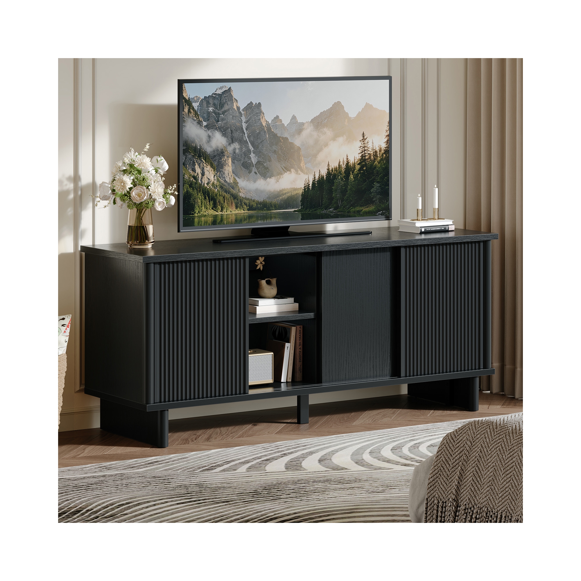 Bestier 58" TV Stand for 45/55/60/65" TV, Farmhouse TV Cabinet with Sliding Doors, TV Media Console with Storage for Living Room & Bedroom, Black