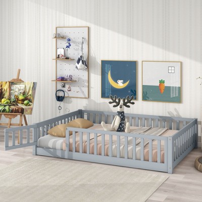 NicBex Full Size Floor Bed with Fence and Door,Rubber Wood Floor Bed with Safety Guardrails,Montessori Floor Bed for Kids,Girls,Boys