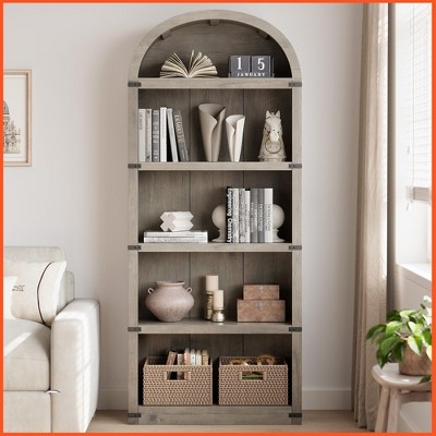Bookcase with Doors Arched Bookshelf 71.65in Tall Bookcase Farmhouse Cabinet with Shelves Wooden Bookshelves