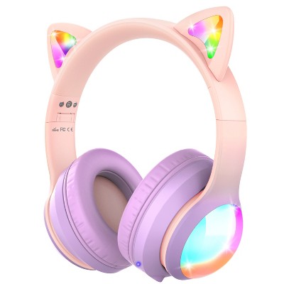 FosPower Kids Headphones, 5.2 Bluetooth Wireless Headphones for Kids with 3.5mm, Built-In Microphone, Led Light Up Cat Ears  - Pink / Purple