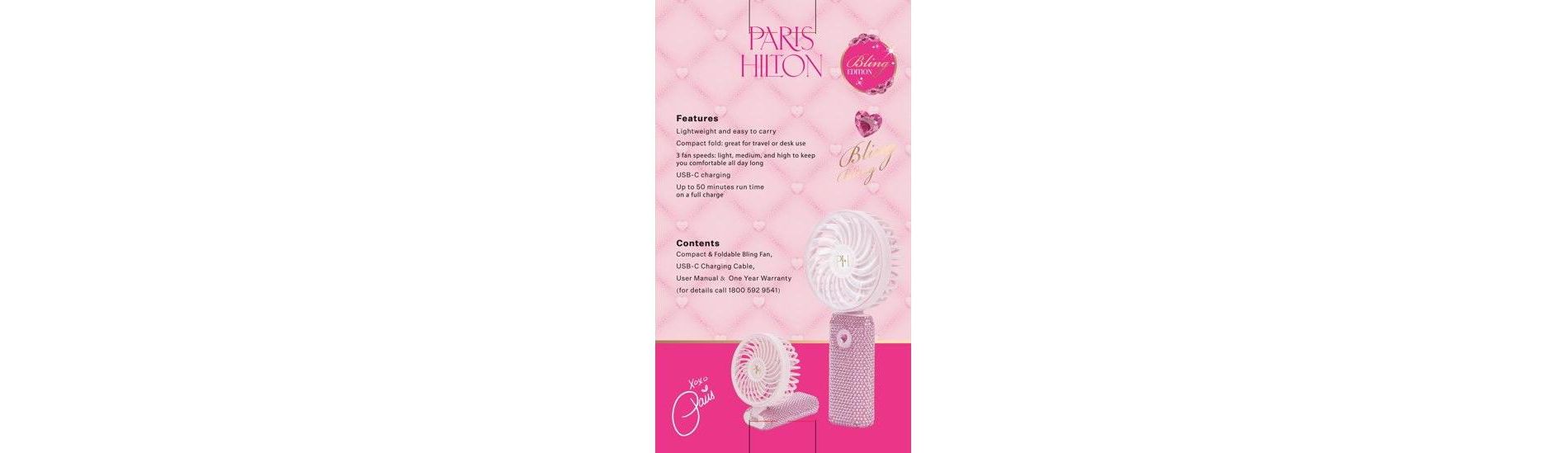 Paris Hilton Fan Compact Foldable Bling with 3 Speeds and USB‑C Charging