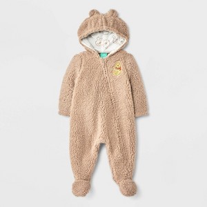 Baby Disney Winnie The Pooh Cozy Hooded Pram Bodysuit - Brown - 1 of 4