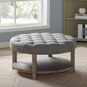 Gromma Round Button Tufted Storage Ottoman Natural Tone/Light Gray - HOMES: Inside + Out: Plywood & Acacia, Padded Shelf - 1 of 4