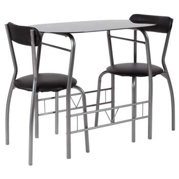Emma and Oliver 3 Piece Black Glass Space-Saver Bistro Set with Padded Chairs