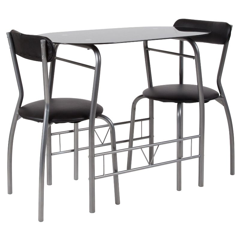 Emma and Oliver 3 Piece Black Glass Space-Saver Bistro Set with Padded Chairs, 1 of 5