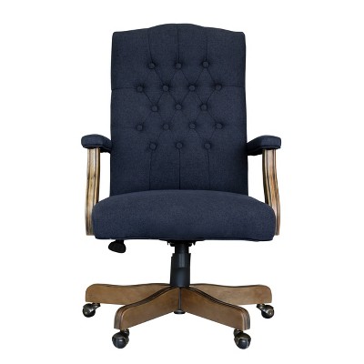 Elegant Denim Blue High-Back Executive Chair with Driftwood Wood Base