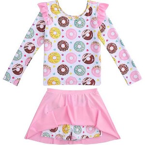 Girls Rash Guard Swimsuit Set Long Sleeve 2 Pieces Bathing Suit Swimming Skirt with Shorts 4-13Y - 1 of 3